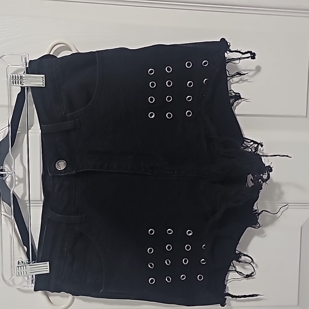 Black denim Grommet Shorts w frayed hem